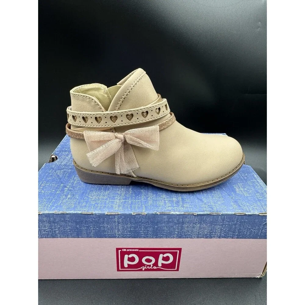 Pop Big Girls Lil Elisha Block Heel Tan Toddler Booties Size 8 M, New